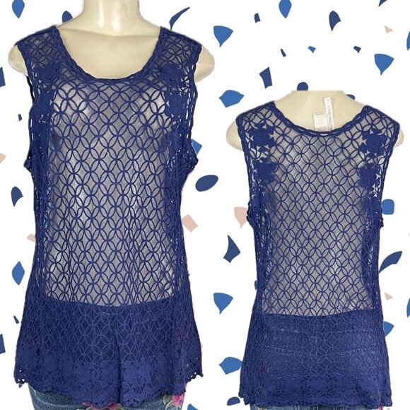 Forgotten Grace L Navy Blue Sheer Mesh Floral Crochet Scoop Neckline Tank Top - Picture 1 of 6